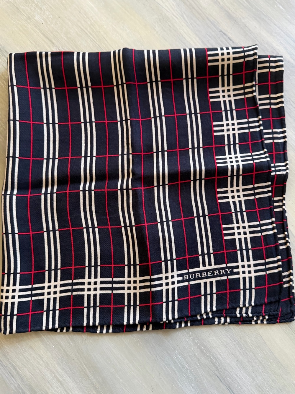 Burberry Silk Blend Scarf Bandanna Bag Accessory 23” X 24” Black Red White